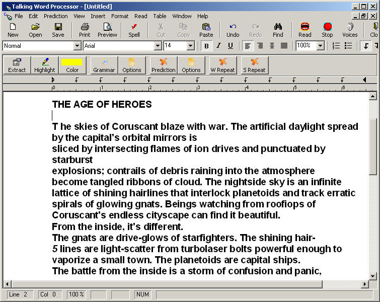 Image of screen of Talking Word Processor, a screen reader